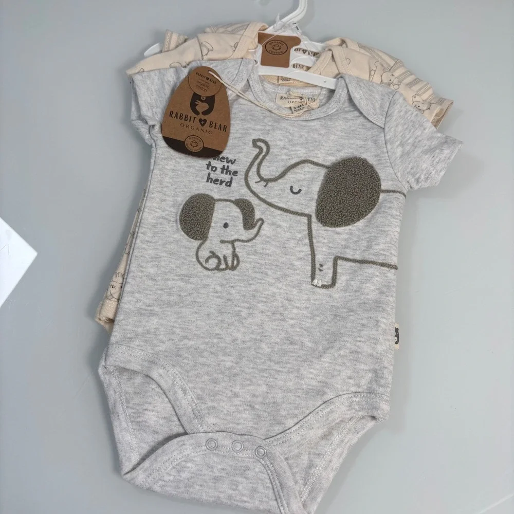 Rabbit + Bear Kids 6-9M Gray Elephant Organic Cotton Bodysuit Set 3PK New NWT
